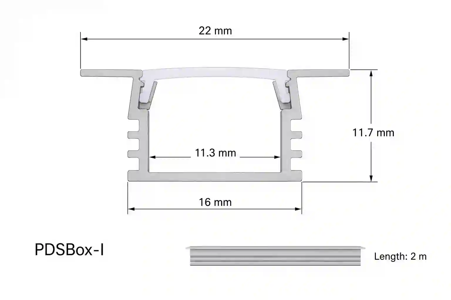 Pohled shora na profil PDSBox-I 22mm základna 16mm kanál 11,3mm stříbrný elox délka 2 metry